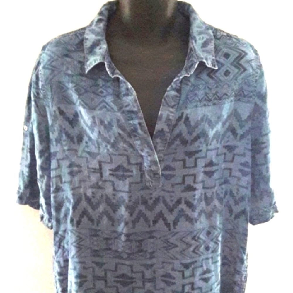 African Tribal Print Blue Slim-Fit Pullover Shirt, L - Picture 3 of 4